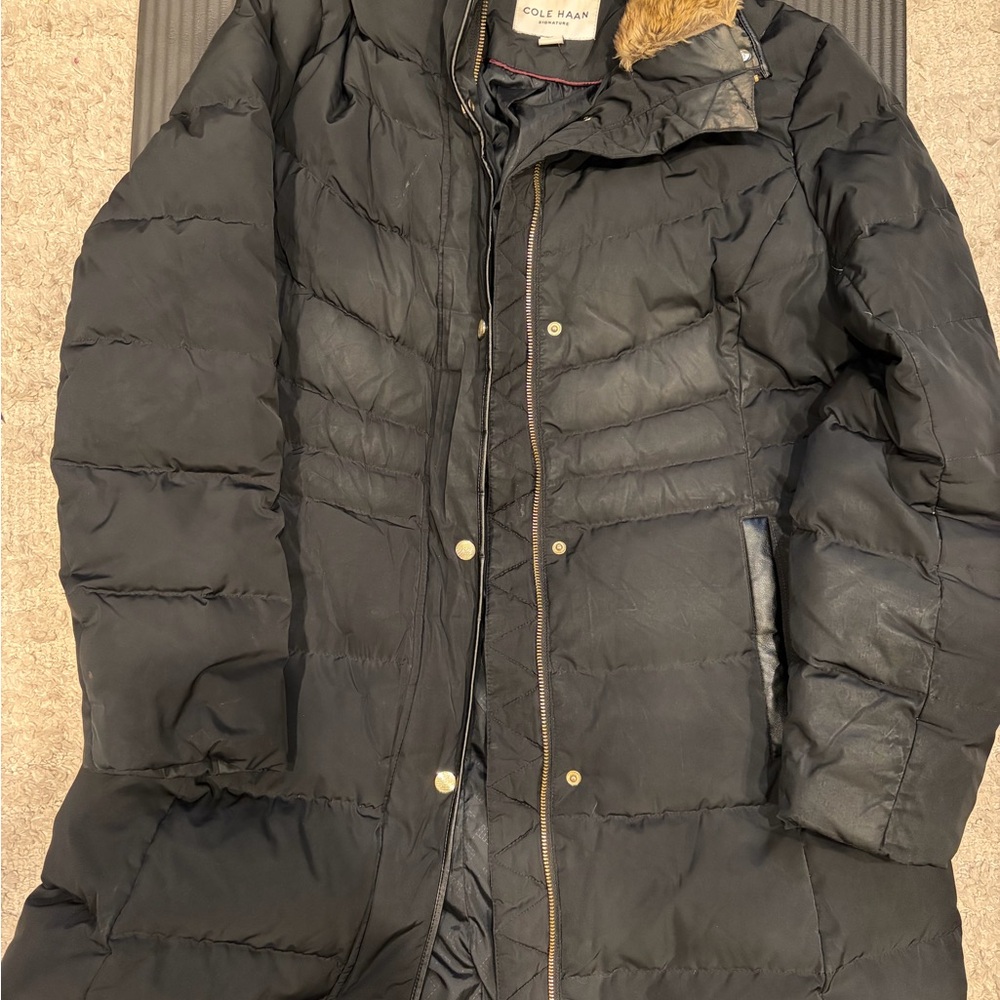 Cole Haan Women's Dark Puffer Jacket with Fur Trim